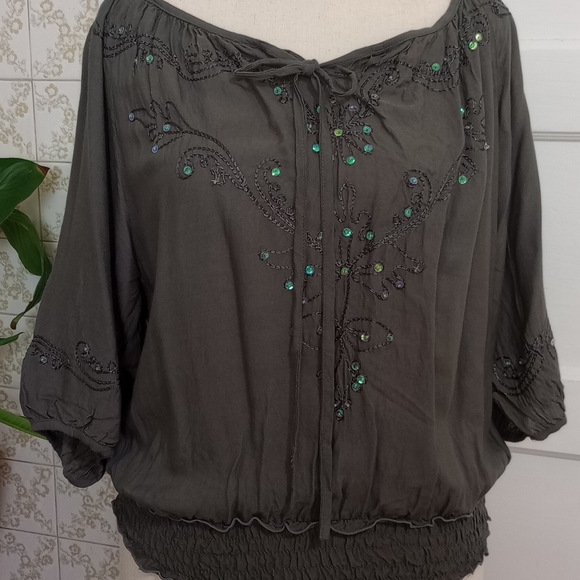 Chic Charcoal Embroidered Blouse - Picture 1 of 8